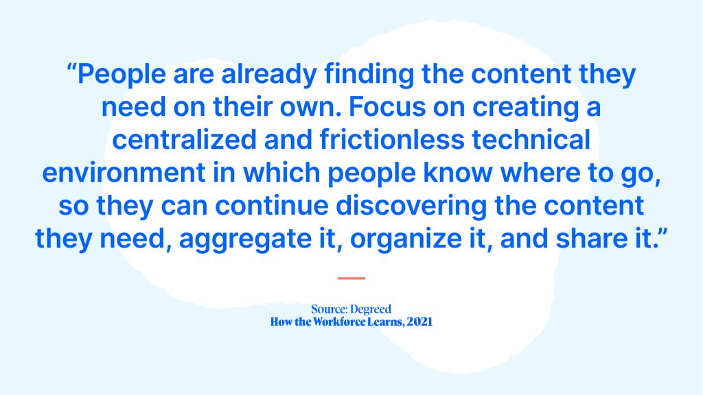 “People are already finding the content they need on their own. Focus on creating a centralized and frictionless technical environment in which people know where to go, so they can continue discovering the content they need, aggregate it, organize it, and share it.”
Caption: Source: Degreed, How the Workforce Learns, 2021